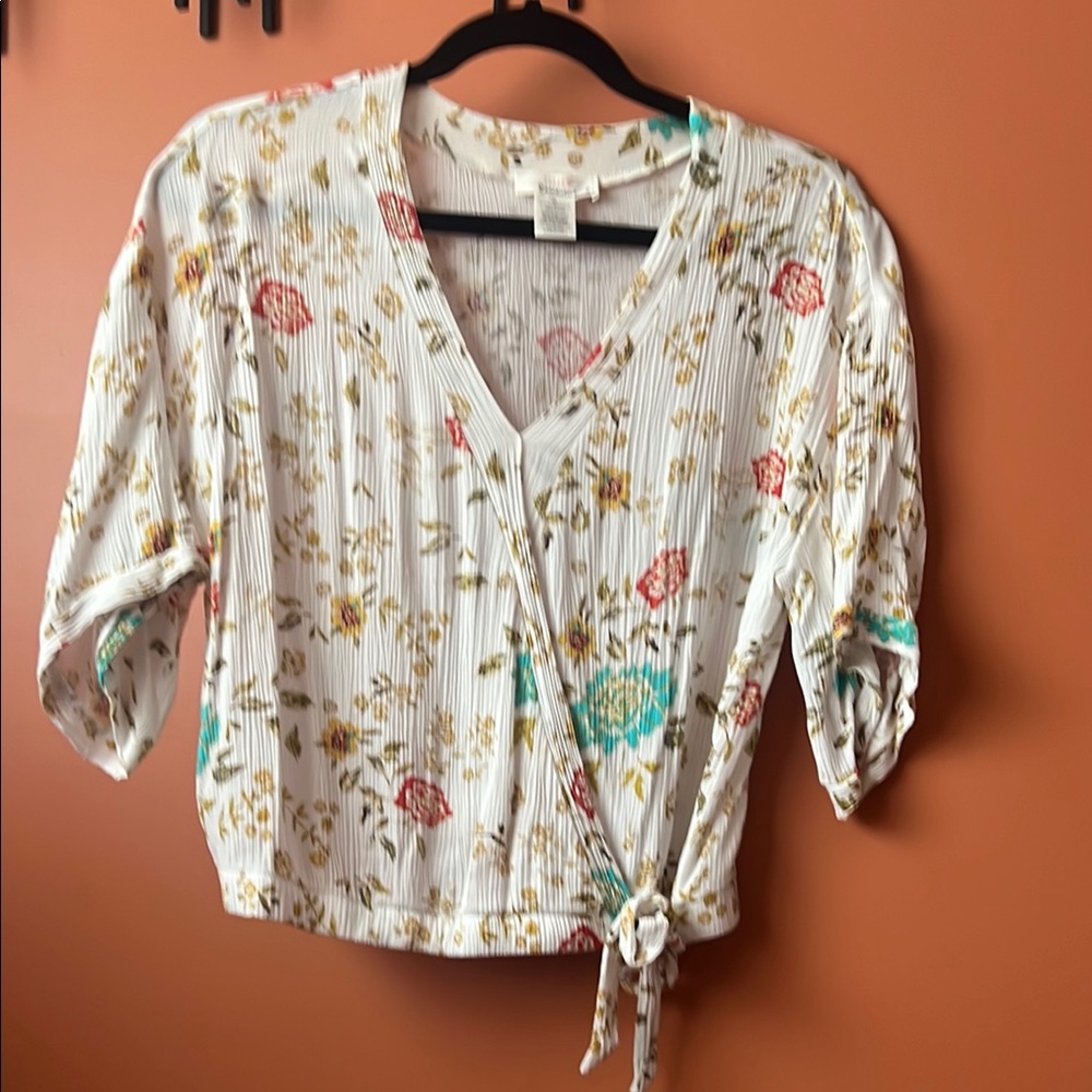 Floral Wrap Top - White with Multicolor Accents